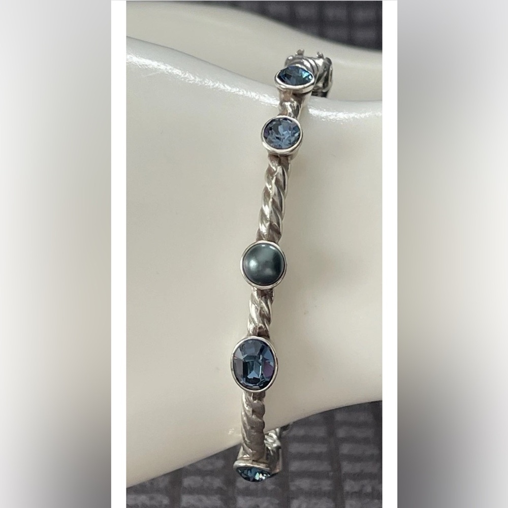 Brighton MONTE CARLO Silver Rope Hinged Blue Crystal Faux Pearl Bangle Bracelet - Picture 12 of 12